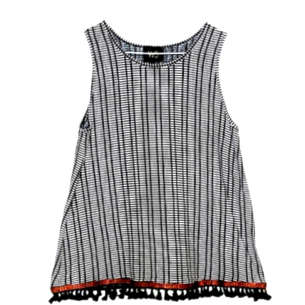 EUC W5 Women's Size Large Black/White Tank Fringe Top With Red Trim